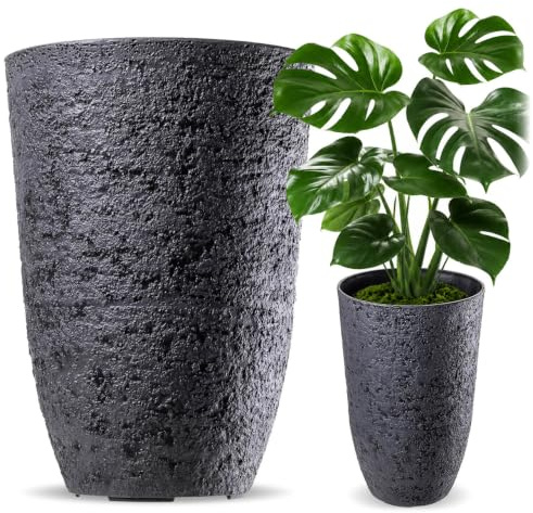 KADAX Macetero de 35 cm de diámetro x 50 cm de alto, maceta grande con aspecto de piedra realista, maceta de plástico, resistente a la intemperie para jardín (negro)