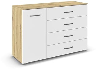 Rauch Möbel ADITIO, Kommode, Farbe Weiß/Eiche Artisan, Breite 120 cm | Sideboard im zeitlosen Stil, 1-türig, 4 Schubladen, Soft-Close, für Schlafzimmer, Gästezimmer, Wohnzimmer, Garderobe, Flur