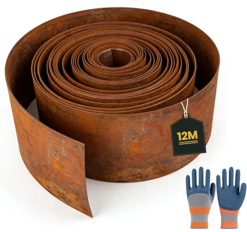 Bordura per Giardino in Acciaio Corten, Bordura Corten per Giardino, Bordura Flessibile in Metallo Effetto Ruggine per Aiuole, Prati e Sentieri (12m×15cm)