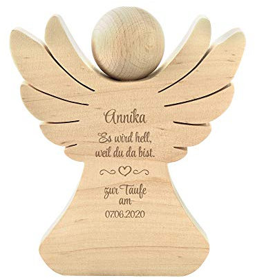 Holzengel mit Gravur, Personalisiert mit Namen und Datum, Verpackung für Geldgeschenke und edles Taufgeschenk