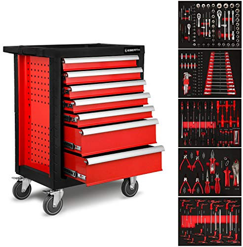 EBERTH Werkstattwagen 167-teilig bestückt, 7 Schubladen, 5 Davon mit Werkzeug gefüllt, Doppelwandiger Werkzeugwagen aus Stahl, Rot Pulverbeschichtet, Lenkrollen, Feststellbremse, Ergonomische Griffe