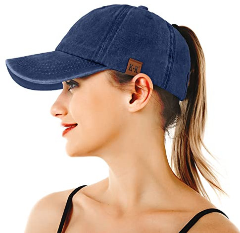 BLURBE Pferdeschwanz-Baseballkappen für Damen – Gewaschene, einfarbige Baumwolle, verstellbar, Klassische Vintage-Denim-Baseballmützen, Sonnenkappen für Damen im Freien