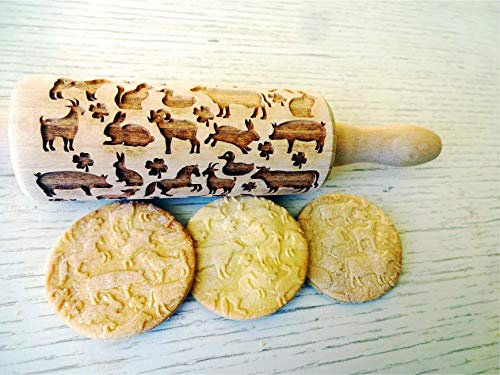Nudelholz FARM für Kinder. Lasergraviert Teigroller für Gebäck HÄHNCHEN Pferd Kuh Hase Schwein Ziege Ente Katze Schaf. Gravierte Nudelholz mit Muster von Algis Crafts
