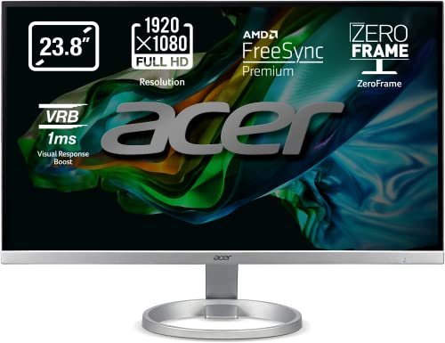 Acer R240Ysmipx Monitor FreeSync 23,8, Display IPS Full HD (1920x1080), 75 Hz, Format: 16:9, Helligkeit: 250 cd/m2, ZeroFrame, 1ms (VRB), VGA, HDMI, DP, Audio In/Out, integrierte Lautsprecher.