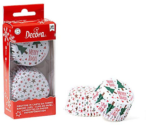 DECORA, 0339872 Moules à Muffins, Très Pratiques pour Cuire, Présenter et Offrir des Muffins, Résistant jusqu'à 220°, Fabriqué en Italie, Motif Sapin de Noël et Étoiles, Lot de 36 pièces