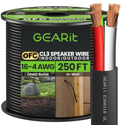 GearIT 16/4 Speaker Wire (250 Feet) 16AWG Gauge, Black 4-Conductors/Outdoor Direct Burial in Ground/in Wall / CL3 CL2 Rated - OFC Oxygen-Free Copper, Black 250ft