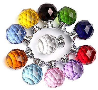 6 Pcs Round Diamond 30mm Black Glass Crystal Cabinet Knobs-Cupboard Door Knobs/Crystal Drawer Pull Handles/Glass Dresser Knobs with 3 Kinds of Screws