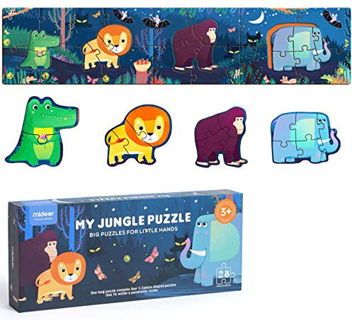 boppi Mideer Puzzle - Kinder Puzzel mit Jungle Tieren zum rausnehmen. 28 extra feste Puzzleteile für Kleinkinder ab 3 Jahren. 22 cm x 100 cm langes Bodenpuzzle.