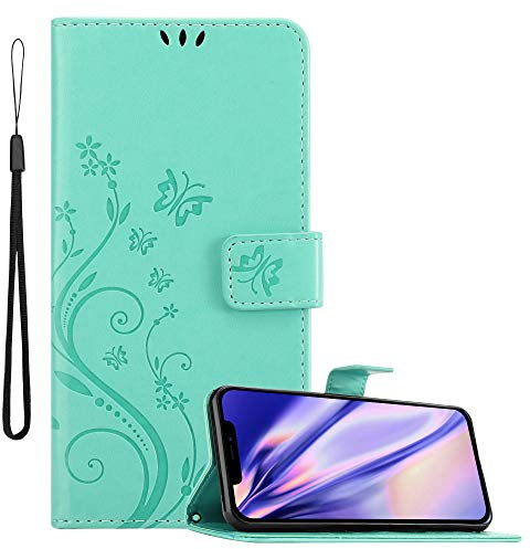 Cadorabo Hülle kompatibel mit Apple iPhone 12/12 PRO Blumen Design aus Kunst Leder Flip Klappbare Magnetische [Standfunktion] [Kartenfächern] Cover Hülle für iPhone 12/12 PRO Tasche in Türkis