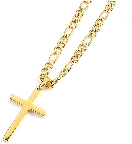 Lifetime Bling Ensemble collier et pendentif en or brillant 18 carats pour homme - Grande croix plate unie avec chaîne à maillons cubains - Cadeau pour homme ou femme, Or, Diamant