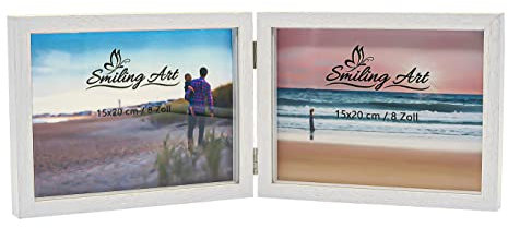 Smiling Art Bilderrahmen für 2 Fotos aus Holz, klappbarer Bilderrahmen, Doppelrahmen (Querformat, 2x15x20 cm, Weiß)