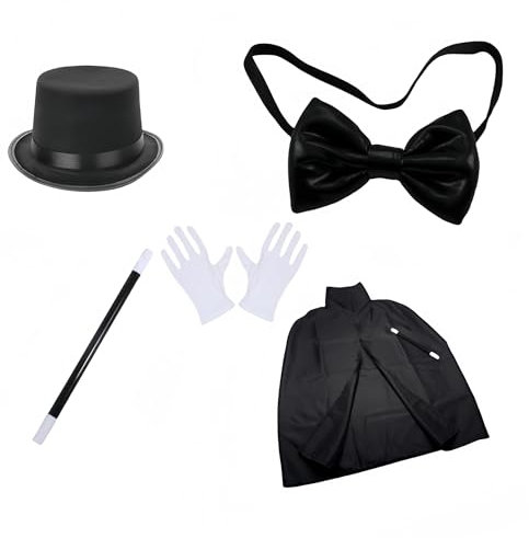 Proumhang 5 Pièces Costume de Magicien pour Enfants,avec Chapeau Haut de Forme,Cape,Baguette Magique et Gants Blancs pour le Spectacle de tours de Magie et le Costume d'Halloween Carnaval