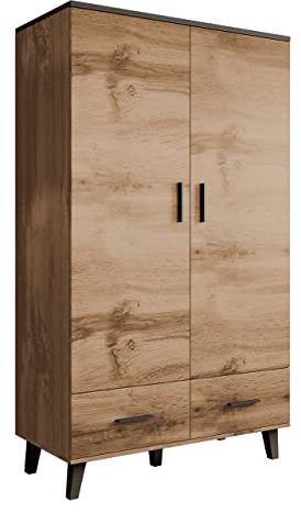 Drehtürenschrank Lotta II mit Zwei Schubladen, Kleiderschrank im skandinavischen Stil, Elegantes Schlafzimmer Schrank, Jugendzimmer, Wohnzimmer (Eiche Wotan + Schwarz)