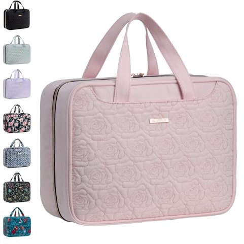 EVERFUN Hängende Reise-Kulturtasche für Frauen, große Make-up-Kosmetiktasche mit 4 Fächern, wasserabweisend, vollständig geöffnet, Handgepäck-Dopp Kit für Reisezubehör (Rosa, Groß)