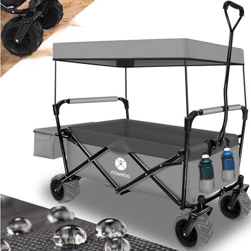Miweba Bollerwagen faltbar MB-10 | Traglast 100 kg - Kinderwagen mit Dach - Handwagen faltbar - Transportwagen für Kinder - Wagen klappbar - Strandwagen - Gartenwagen - Faltwagen (Hellgrau/Dunkelgrau)