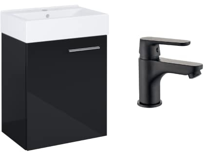 VBChome Badmöbel Set 45 cm Weiß Waschbecken mit Hängeschrank und Armatur Schwarz Waschtisch 1-Türen Soft-Close Waschtischarmatur Modern Elegant