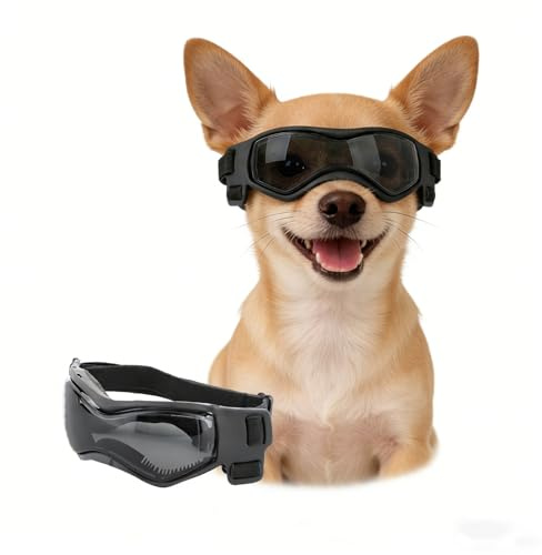 Enjoying Hundebrille Klein UV-Schutz, Sonnenbrille für Hunde Kleine Rassen, Anti-Nebel Winddicht Staubschutz, Welpen Fahrbrille Augenschutz, Verstellbare Bänder, Cool Schwarz