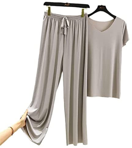 Doux et Confortable Ice Silk t - Shirt à Manches Courtes Lot de Deux Pantalons Larges Jambes, Ensemble Pyjama pour Femmes, t - Shirt Large Jambes Pantalons Larges Lot de Deux (Gray,M)