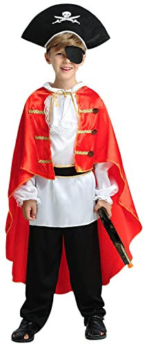 Qingzhuan Piratenkostüm Kinder Jungen,Tricorn Hut,Piratenumhang,Piraten Augenklappe,Halloween Piraten Zubehör,für Karneval Fasching Kindergeburtstag Party Halloween-XL