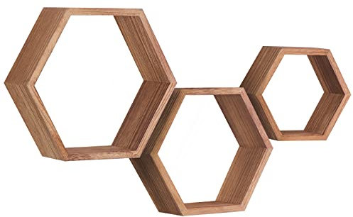 PHOENANCEE Hexagon Wandregal, Wohnzimmer Deko Wand, Holz Hängeregal für Schlafzimmer, 3er-Set(Karbonisiertes Schwarz)
