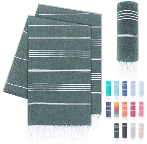 LAYNENBURG 2er-Set Premium Hamamtuch mit handgeknüpften Fransen - 100% Baumwolle - XXL Strandtuch 100x200 cm - Oeko-TEX 100 - Strandhandtuch groß - Saunatuch & Reisehandtuch (Dunkelgrün)