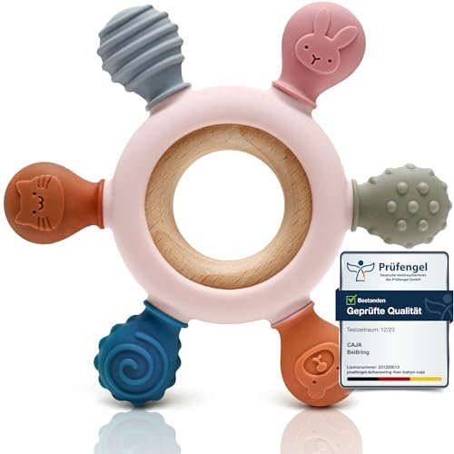 CAJA Beißring Baby - Beißspielzeug Zahnungshilfe aus Silikon & Holz, Baby, BPA-frei, Tiermotive, Zahnen & Greifring für Babys - Sicheres Spielzeug (Pink)
