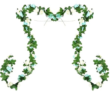SKYPRO 2PCS Rose Vine Greenery Leaves Garland Artificial Flowers Plants for Hotel Wedding Home Party Garden Craft Art Decor (Blue)