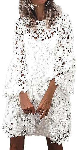Robes en Dentelle Femmes FêTe Mariage Manches 3/4 Femme Boho Robe De VilléGiature ImpriméE à EmpièCements en Dentelle Col V Casual Robes De Plage Courte Robe ÉVaséE Swing T-Shirt Robe