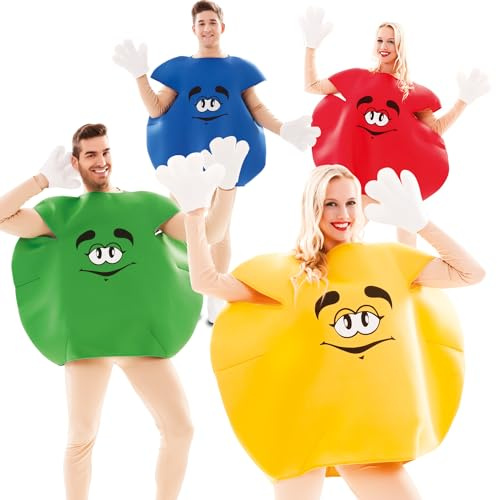 Krause & Sohn Schokolinsen Kostüm Set für 4 Erwachsene gelb grün rot blau Sweet Candy Gruppenkostüm Spaßkostüm Fasching Karneval