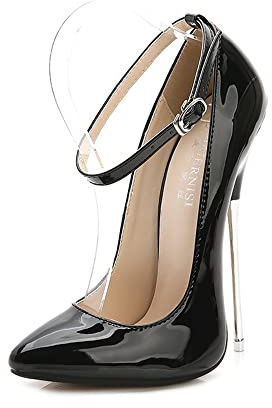 Scarpe da donna sexy con tacco a spillo da 16 cm, cinturino alla caviglia, tacchi alti a punta, per matrimoni, feste, abiti, Nero , 43 EU