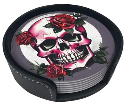 Lot de 6 dessous de verre motif tête de mort rose – Fabriqué à partir de cuir synthétique ultra fin – Sous-verres polyvalents pour toutes les occasions