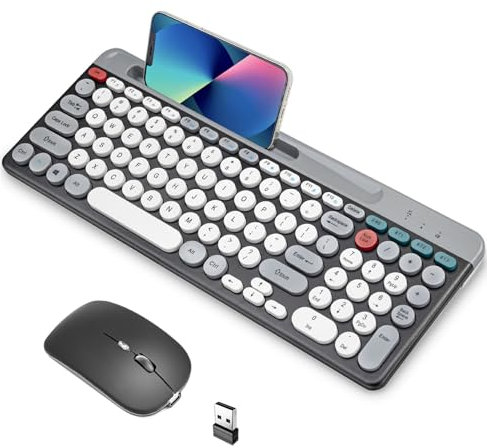 Combo Tastiera e Mouse Wireless 2.4G, Tastiera Compatta con Copritasti Rotondi Vintage e Mouse Ergonomico per Computer, Desktop, PC, Laptop