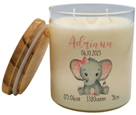 Personalisierte Kerze zur Geburt mit Elefant Babykerze Geburtskerze im Glas Taufe