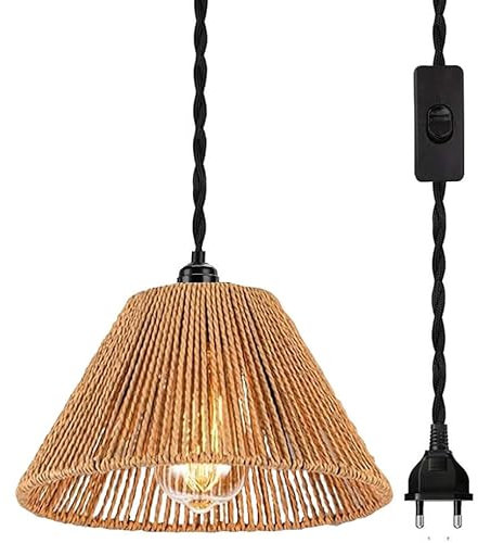 YIKEGE LICHT Vintage Boho Hängelampe mit Stecker Rattan Pendelleuchte E27 Hängend Lampe Steckdose Lampenschirm Hängeleuchte Deckenlampe Esstischlampe Korblampen 450cm Kabel für Schlafzimmer, Ø25cm