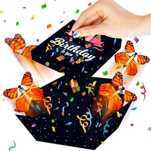 Roinaid Schmetterling Explosionsbox DIY Happy Birthday, Schmetterlings Explosion Geschenkbox, Geburtstag Schmetterlinge Fliegende Schmetterlinge in Der Box für Geburtstag Geschenk (Schwarz)