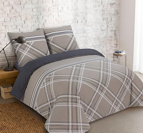 Vision - Wende-Bettwäsche, 100 % Baumwolle – William Beige/Grau – Bettbezug 260 x 240 cm mit 2 Kissenbezügen für Kingsize-Bett – Naturfasern – Ökotex