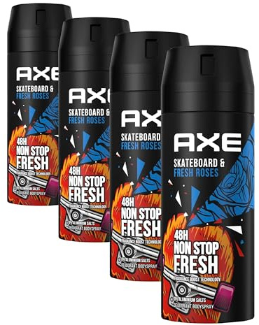 Axe Bodyspray Skateboard & Fresh Roses Deo ohne Aluminium sorgt 48 Stunden lang für effektiven Schutz vor Körpergeruch 150 ml (Packung mit 4)