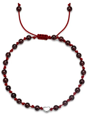 JENDEAR Damen Fußkette mit Granatstein, Herzform-Anhänger, Schwarzem Geflochtenem Seil, 18K Vergoldet, 925er Silber Fußkettchen, im Boho-Stil