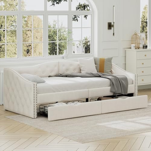 Skcess 90X200Cm Sofabett, Tagesbett, Einzel-Tagesbett Mit Schubladen, Großer Stauraum, Beige