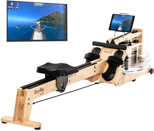 Skandika Wasserrudergerät Styrke Premium | Made in Germany, Zirbe aus Österreich, Rudergerät Wasser aus Holz, Kinomap App-Funktion, Rudermaschine für Zuhause, bis 180 kg