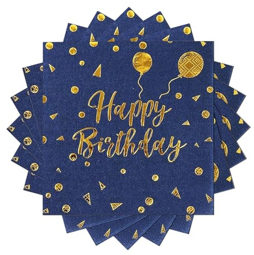 20 Stück Happy Birthday Blau und Gold Geburtstag Servietten 33x33 cm Party Servietten Papier Goldfolie Biologisch Abbauba Papierserviette Deko für Junge Mädchen Geburtstag Party Deko