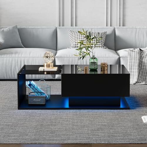 BTM Table Basse LED Moderne, Table Basse carrée avec Plateau en Verre et avec 1 tiroir, résistant aux Rayures, Charge 35kg, 100x50x32 cm, Noir Brillant