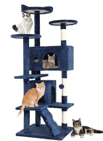 FDW Arbre à Chat Hauteur 177 cm Tour de Jeux pour Chat avec 2 Niches 3 Plateformes 2 Boules en Sisal Arbre à Grimper Multi-Niveaux Idéal pour 3-4 Chats Gris Bleu Marine