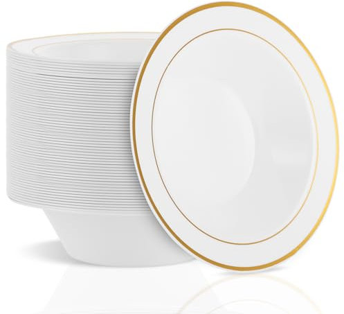 AKOLAFE Lot de 40 bols à soupe en plastique blanc avec bord doré - 350 ml - Réutilisables - Pour fête, mariage, anniversaire, Noël, Pâques