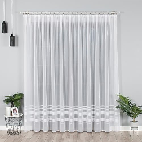 Gardinen Vorhangen Weiß 600x250 cm (BxH) Horn Voile Kurz Lang Vorhänge mit Kräuselband Transparent Wohnzimmer Gardinenschals Schlafzimmer