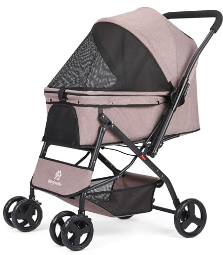 Haustier-Kinderwagen – Hunde-Kinderwagen für mittelgroße Hunde und Katzen mit wendbarem Griff, leicht zu gehender Hunde-Kinderwagens um 360 Grad drehbar, für kleine Hunde mit Netzfenster (Kaffee)