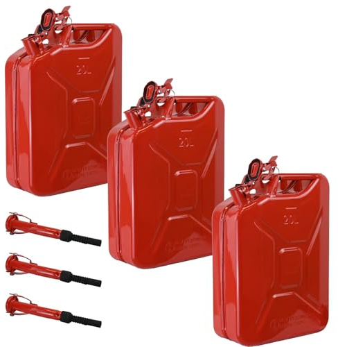 TRUTZHOLM 3x Metallkanister 20l Benzinkanister + 3x Ausgießer flexibel rot Dieselkanister mit Ausgießerhalterung Kraftstoffkanister Reservekanister