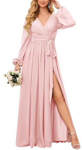 HPPEE Blush Pink Bridesmaid Dresses Long Sleeve for Wedding with Slit Floor Length Chiffon Formal Dresses for Women UK12