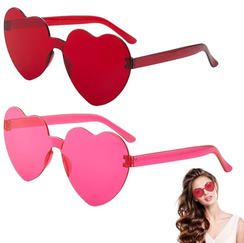 2 Stück Herz Sonnenbrille,Herzform Damen Sunglasses,Rahmenlos Herzbrille Rot Und Rosa Herz Brille Kombi-Set,Partybrille,Hippie,Lustig,Karneval,Retro Sonnenbrillen,für Valentinstag Fasnet Spaßbrille
