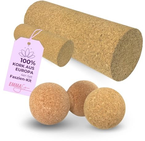 EMMAfit Kork Faszienset I Set aus 2x Faszienrolle + 1x Faszienball + 1x Twin-Ball I Set für Triggerpunkt-Massage & Faszientraining I hygienisch & umweltfreundlich I Selbstmassage-Set aus Kork